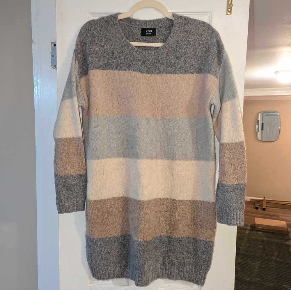 Neutral Color Striped Sweater Dress